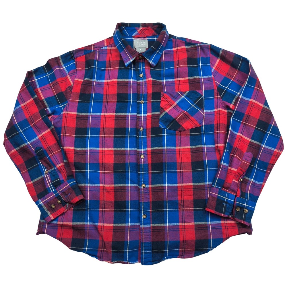 Berkley Jensen Mens‎ XL Blue Red Plaid Long Sleeve Button Up Flannel Style Shirt